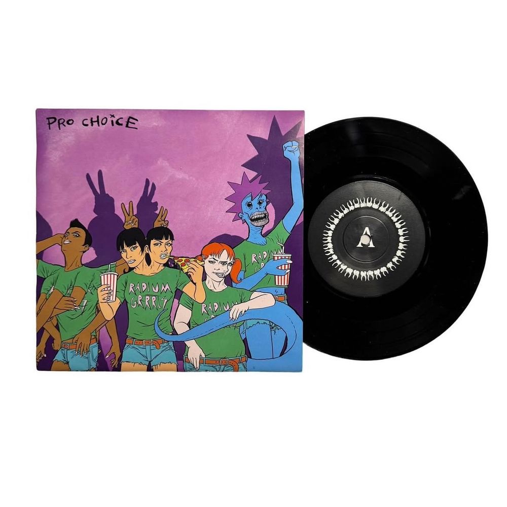 Radium Grrrls Pro Choice EP cover.  
A pink record depicting a utopia where mutated Radium Girls rise again like a bunch of pizza-eating heroes. The artwork is inspired by an Archie comic—or Love and Rockets, to be precise.