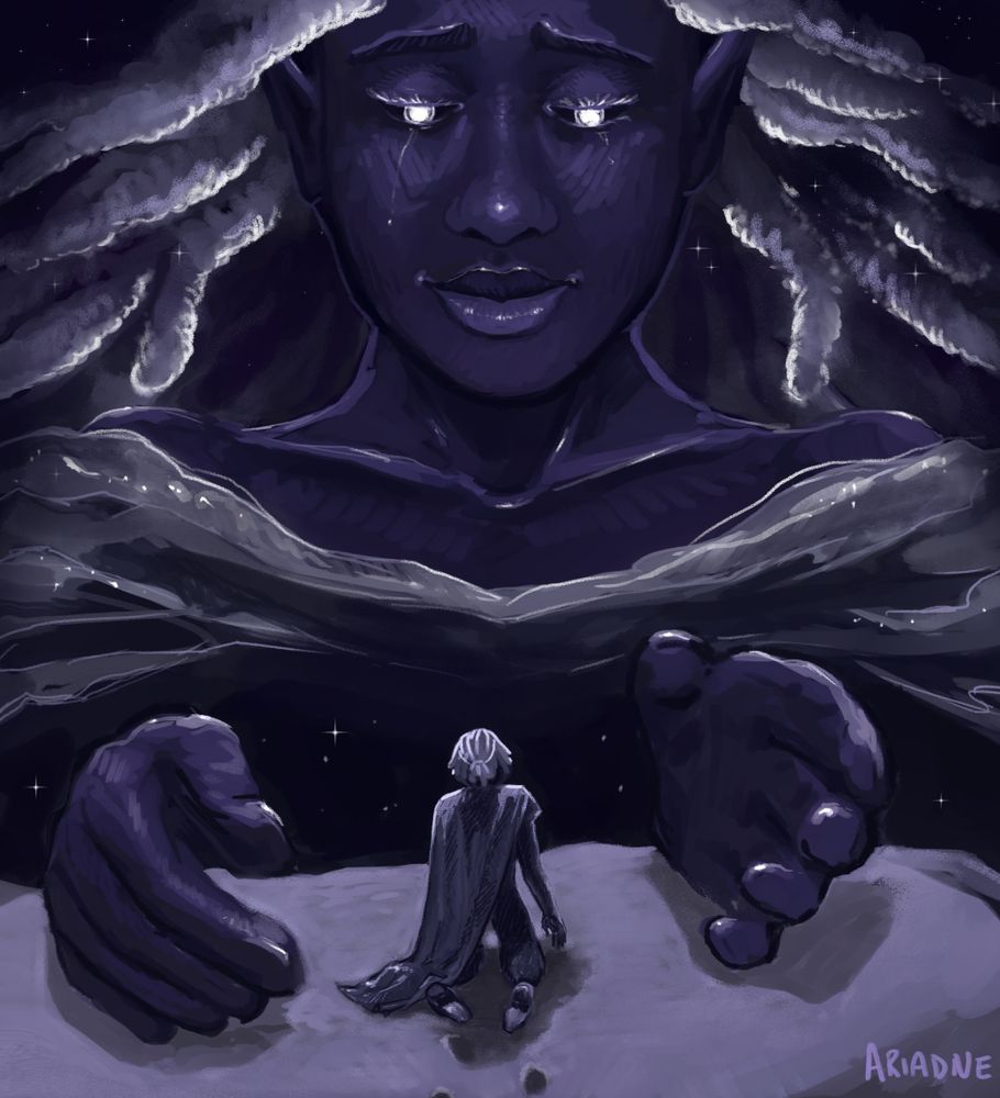 Digital art of a snowy mountaintop where a small figure 
 (Rei'nia) kneels, dwarfed by the massive image of a woman in front of her, whose kind face is dark like the night sky and whose eyes, cloud-spun hair, and robes are silvery bright, stars twinkling throughout.  The Moonweaver looks down at Rei'nia with love and sweet melancholy, her huge hands cupped around her as though to cherish or protect her.  A silvery tear runs down her cheek.