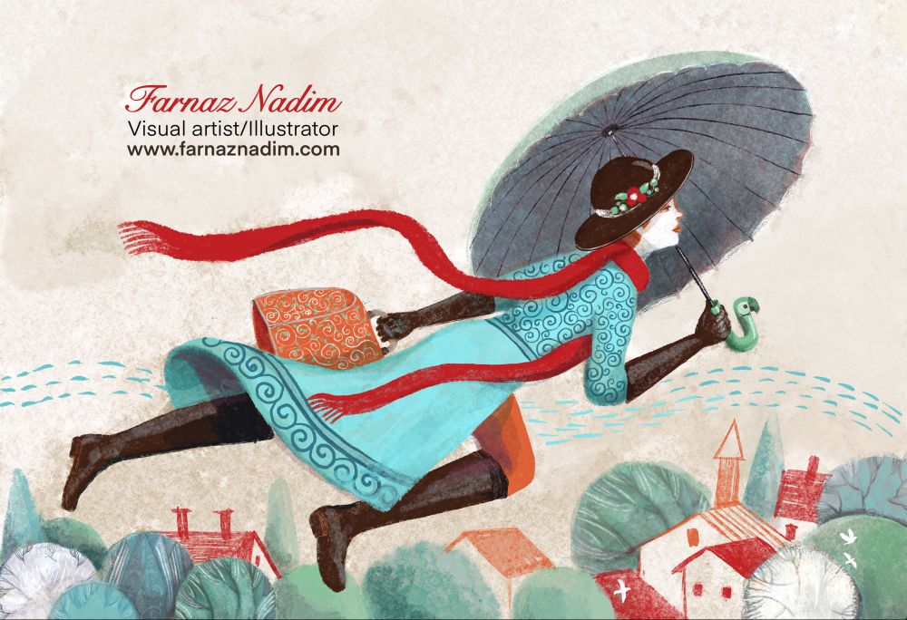 Mary Poppins floating in the air, over the cherry trees and the roofs the houses, holding tightly to the umbrella with one hand and to the orange carpet bag with the other. 