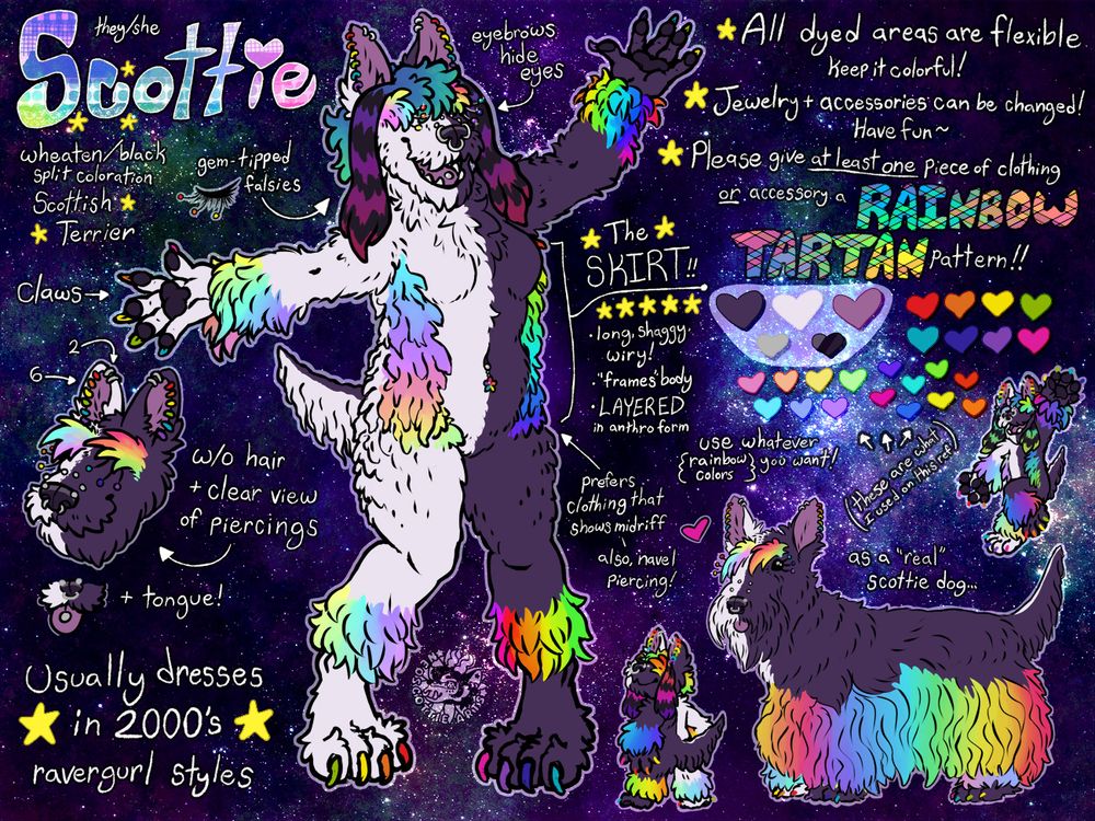 ref sheet for a scottish terrier sparkledog character named "Scottie"