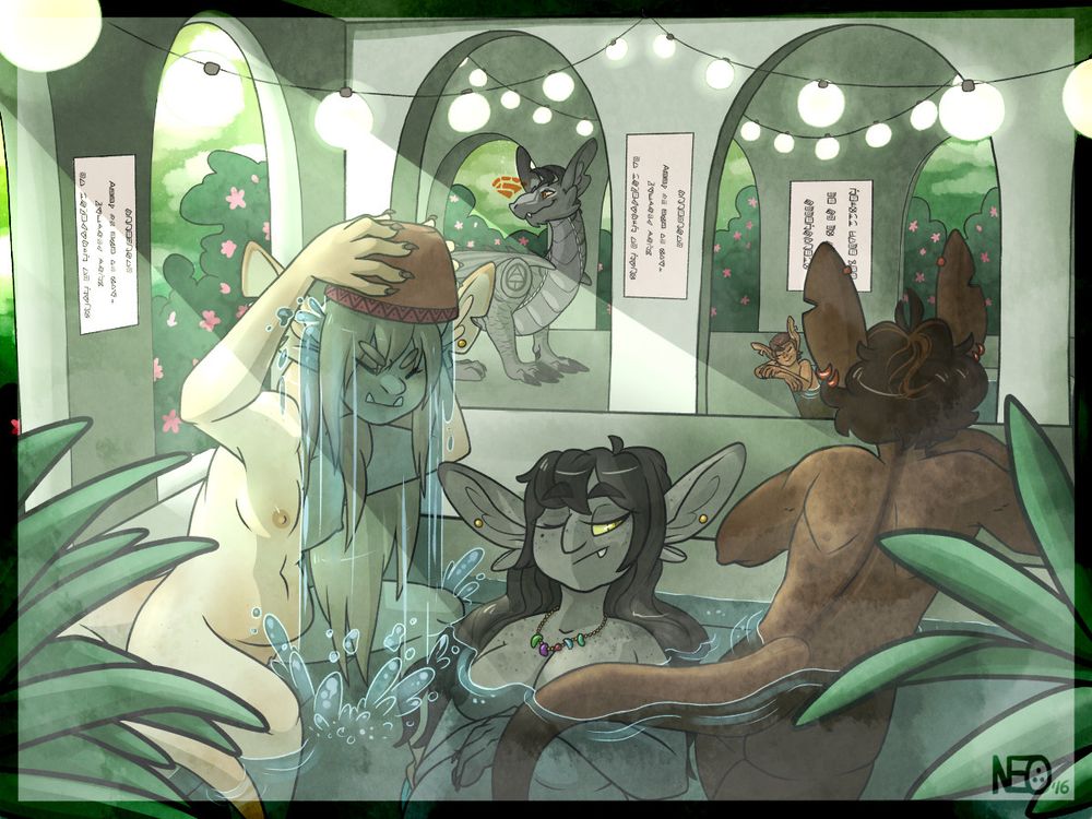 a bath house scene featuring humanoid and dragon characters
