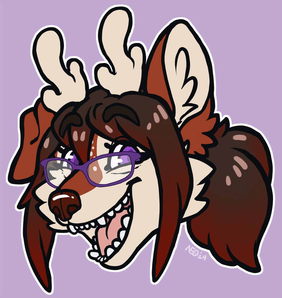 headshot of an anthro deerfox gal with a BIG SMILE. she just told a bad pun and is waiting for your reaction!!