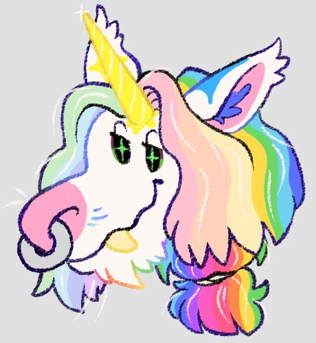 headshot of a unicorn/dragon chimera with greying colorful hair