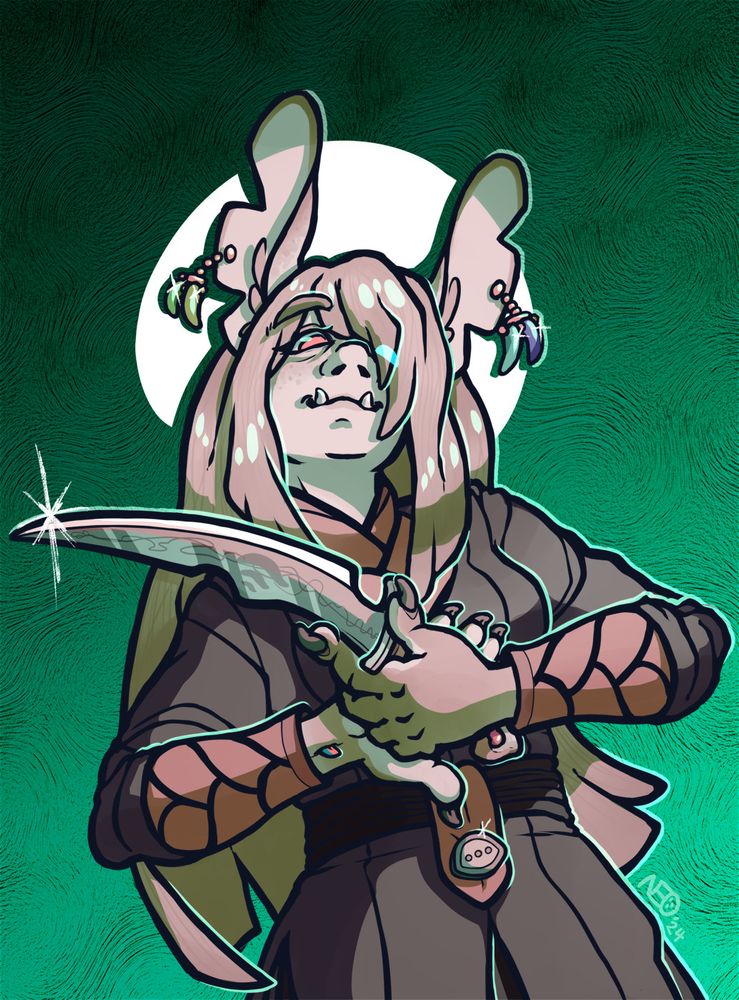 a pale dragony humanoid holds a knife. the lighting makes them look a bit sinister.