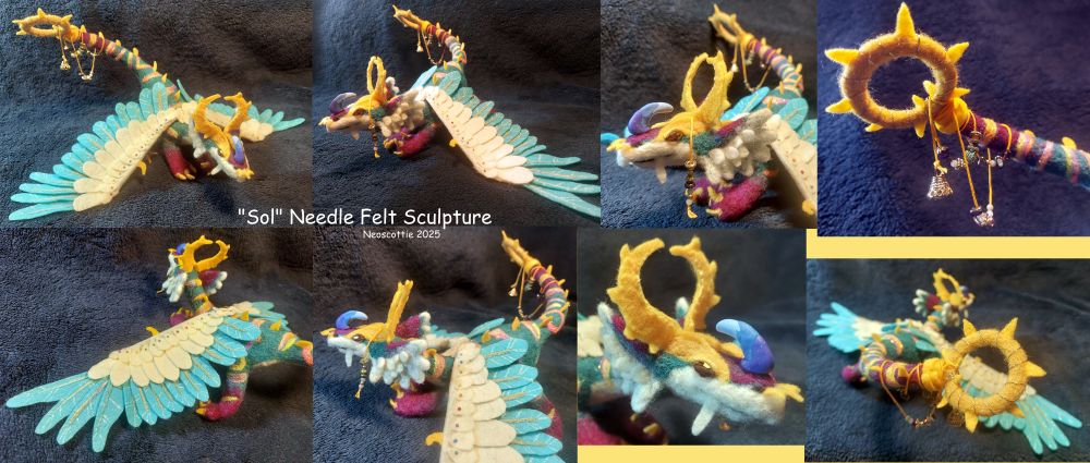 several pictures of a needle felted dragon sculpture
