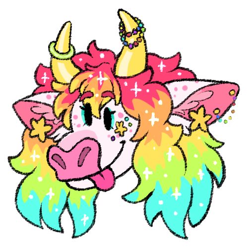 headshot of a ravergurl cow with rainbow hair