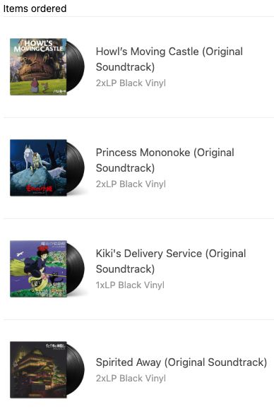 Commandes de vinyle :
La Château Ambulant
Princesse Mononoké
Kiki la Petite Sorcière
Le Voyage de Chihiro