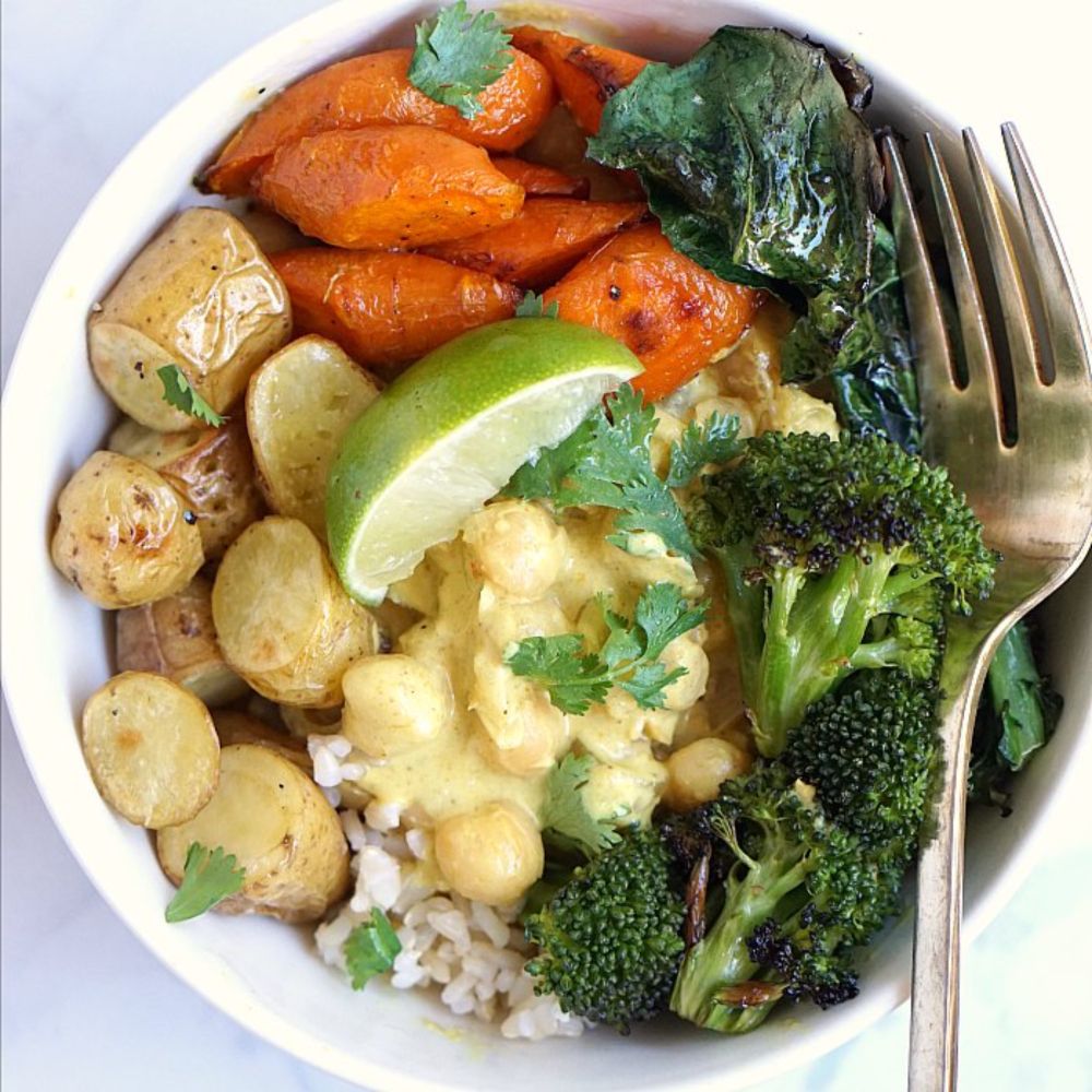 Yellow Curry with Chickpeas and Roasted Vegetables