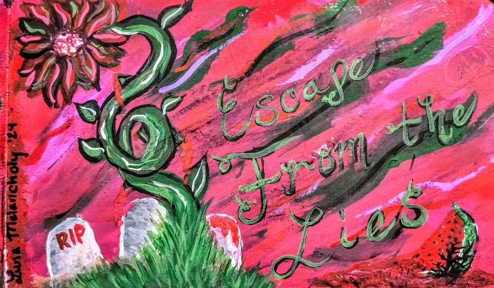 Description - In front of a background of reds, purples and greens, 3 grave stones can be seen. A lower with red and green petals has spiraled out of the ground and grass in front. Blood drips from the petals and the stem of the plant. A broken watermelon also is shown and has begun to decay. 

I created this piece last year amongst all of my anxiety from the state of the world. I couldn't live with the propaganda & lies anymore. A system that doesn't respect its poorest and most vulnerable citizens shouldn't be allowed to govern them. Be vocal, don't give up, we are changing history. 💜