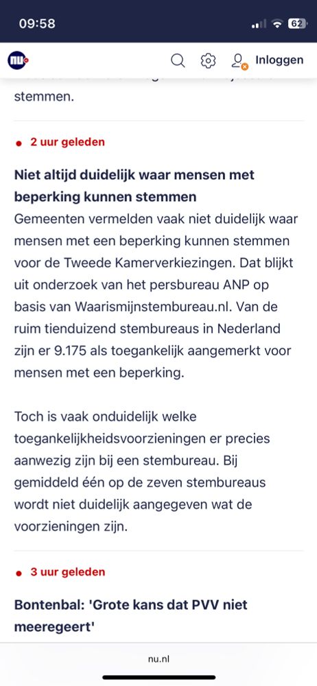 Niet altijd duidelijk waar mensen met beperking kunnen stemmen
Gemeenten vermelden vaak niet duidelijk waar mensen met een beperking kunnen stemmen voor de Tweede Kamerverkiezingen. Dat blijkt uit onderzoek van het persbureau ANP op basis van Waarismijnstembureau.nl. Van de ruim tienduizend stembureaus in Nederland zijn er 9.175 als toegankelijk aangemerkt voor mensen met een beperking.

Toch is vaak onduidelijk welke toegankelijkheidsvoorzieningen er precies aanwezig zijn bij een stembureau. Bij gemiddeld één op de zeven stembureaus wordt niet duidelijk aangegeven wat de voorzieningen zijn