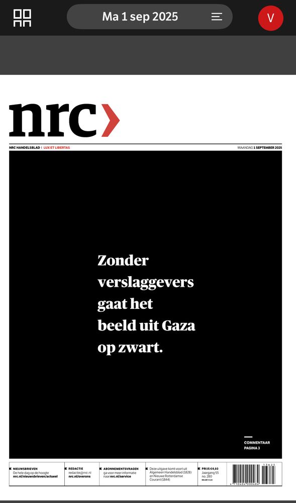 Zonder verslaggevers gaat het beeld uit Gaza op zwart. Voorpagina NRC 1 september (morgen