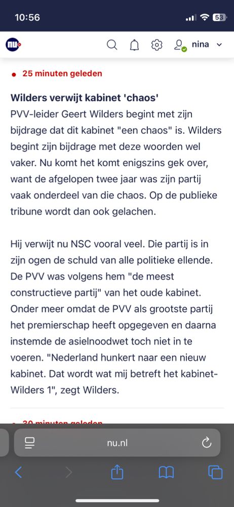 Nu.nl screenshot Wilders verwijt kabinet 'chaos' PVV-leider Geert Wilders begint met zijn bijdrage dat dit kabinet 