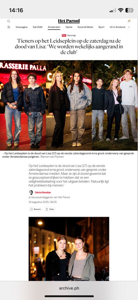 Screenshot artikel Parool “we worden wekelijks aangerand in de club” 