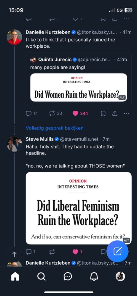 Did women ruin the work place is a headline of a new York times opinion piece 
They changed it to did liberal feminism ruin the workplace 
There are posts about it on Bluesky and this is a screenshot 