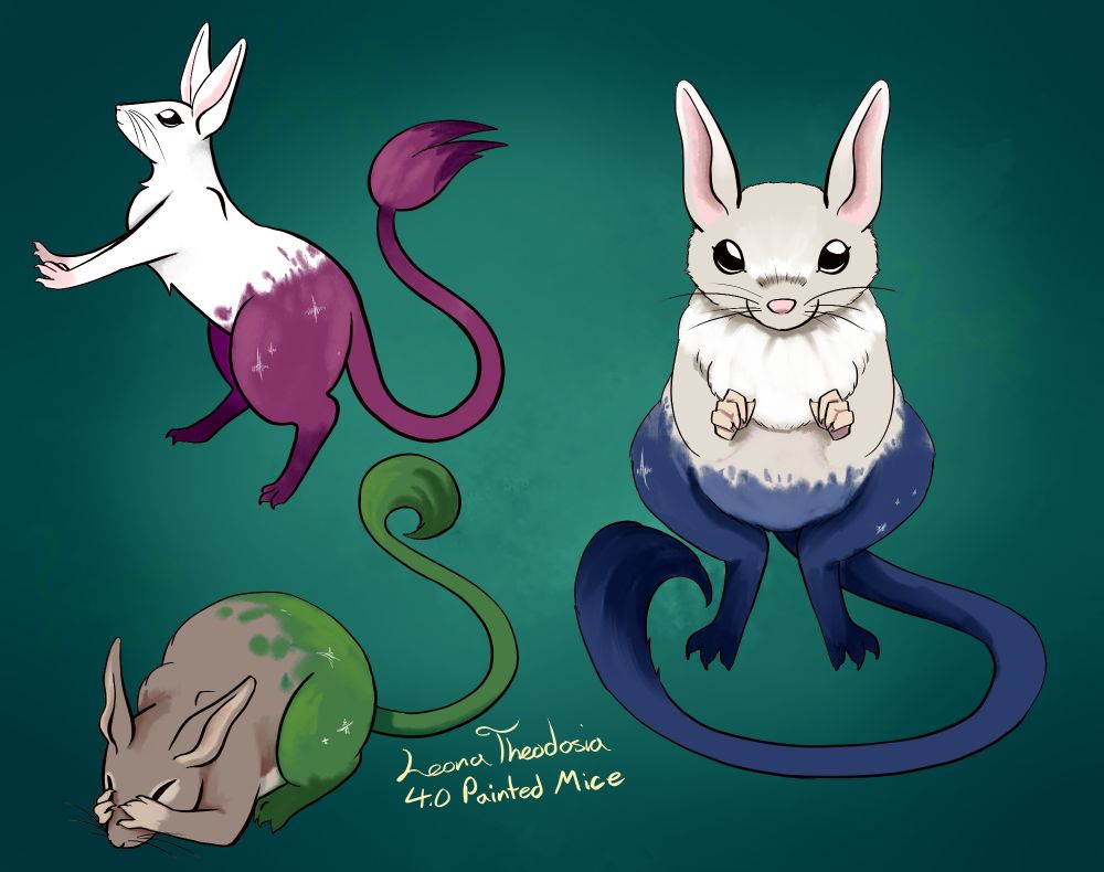 3 examples of the 4.0 Leona Theodosia fan mascot design, Painted Mice

One is a stretched out, one is curled up and another is looking directly forward

The new design is more realistic and hopefully still cute