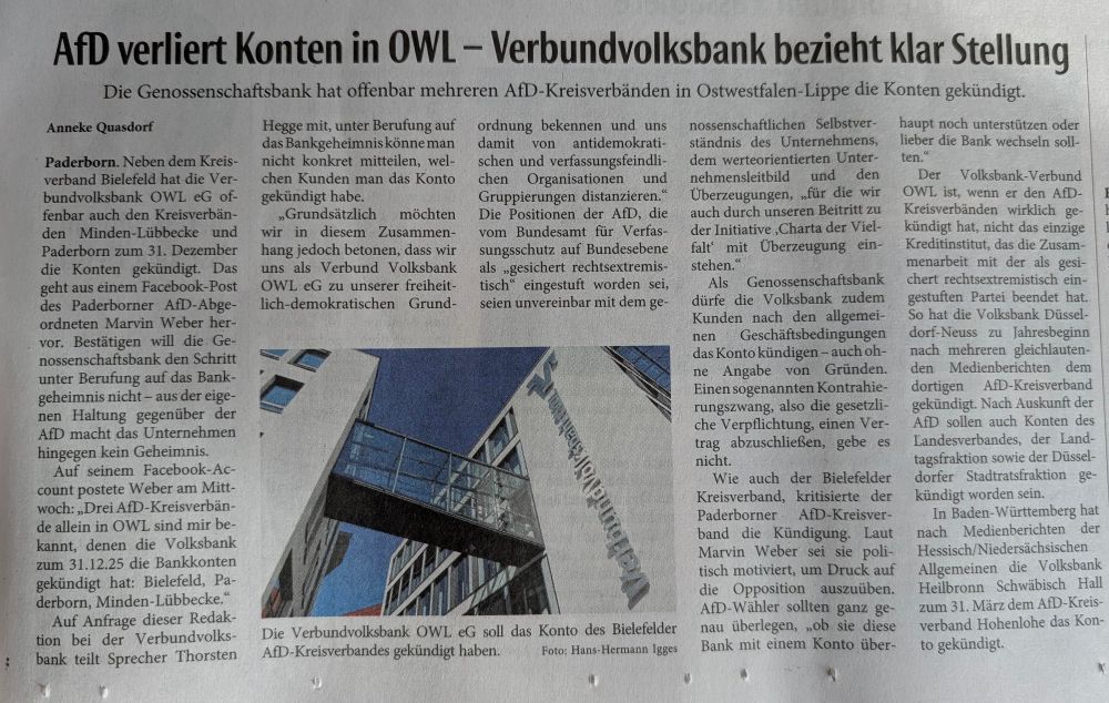 Zeitungsartikel NW, Titel "AFD verliert Konten in OWL"
