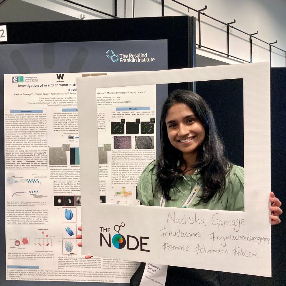 Nadisha Gamage posing with the Node's polaroid frame in front of her poster. The text on the frame reads: "Nadisha Gamage #nucleosomes #cryoelectronmicroscopy #stemcells #chromatin #fibsem"