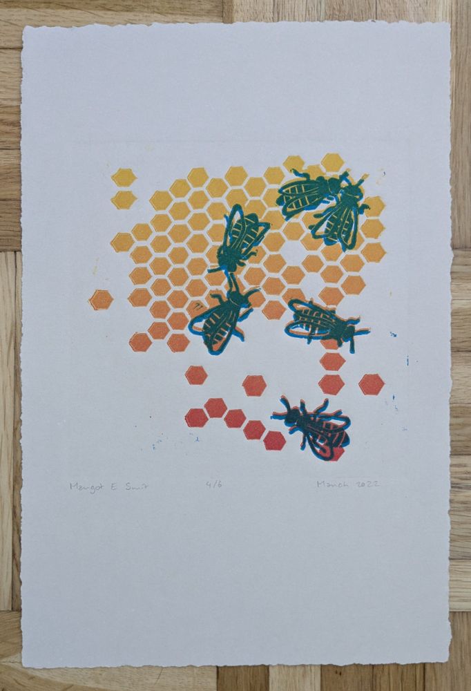 Bees and hexagons. Two-layer print of blue bees on a gradient of hexagons. Press printed March 2022.
