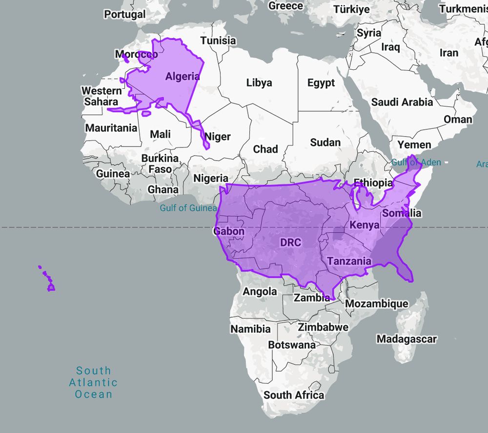 The area of the USA, including Alaska, illustrated in purple and superimposed on the continent of Africa with borders and countries shown. USA is about the same width as equatorial Africa from Gabon to Kenya, and fits between Sudan and Zimbabwe from
north to south, and is significantly smaller than the continent overall. Alaska is a little smaller than Algeria.