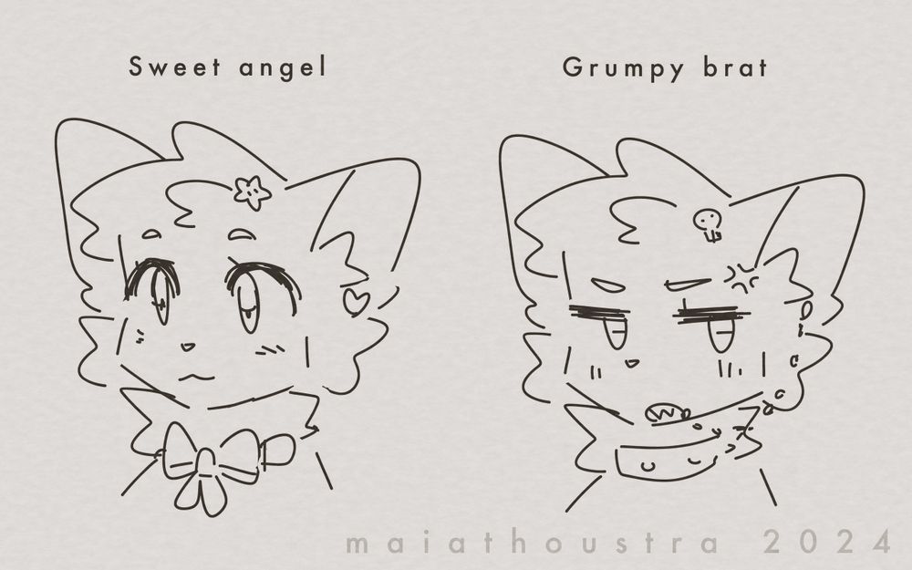Two doodles of the same cat character. 

On the left, titled sweet angel, the character is wearing a bow, a star headpin and a heart earring, with a well behaved expression.

On the right, titled grumpy brat, the character is wearing a spiky collar, a skull headpin and a chain earring, with an angry expression.