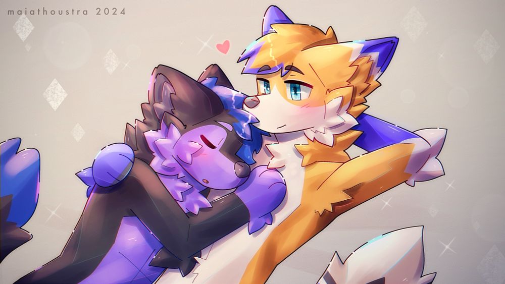 Two anthro characters snuggling. The one on the chest is sleeping, the other one softly looking at him.