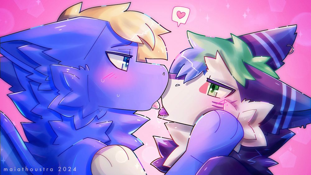 dragon and sergal sharing an intimate kiss