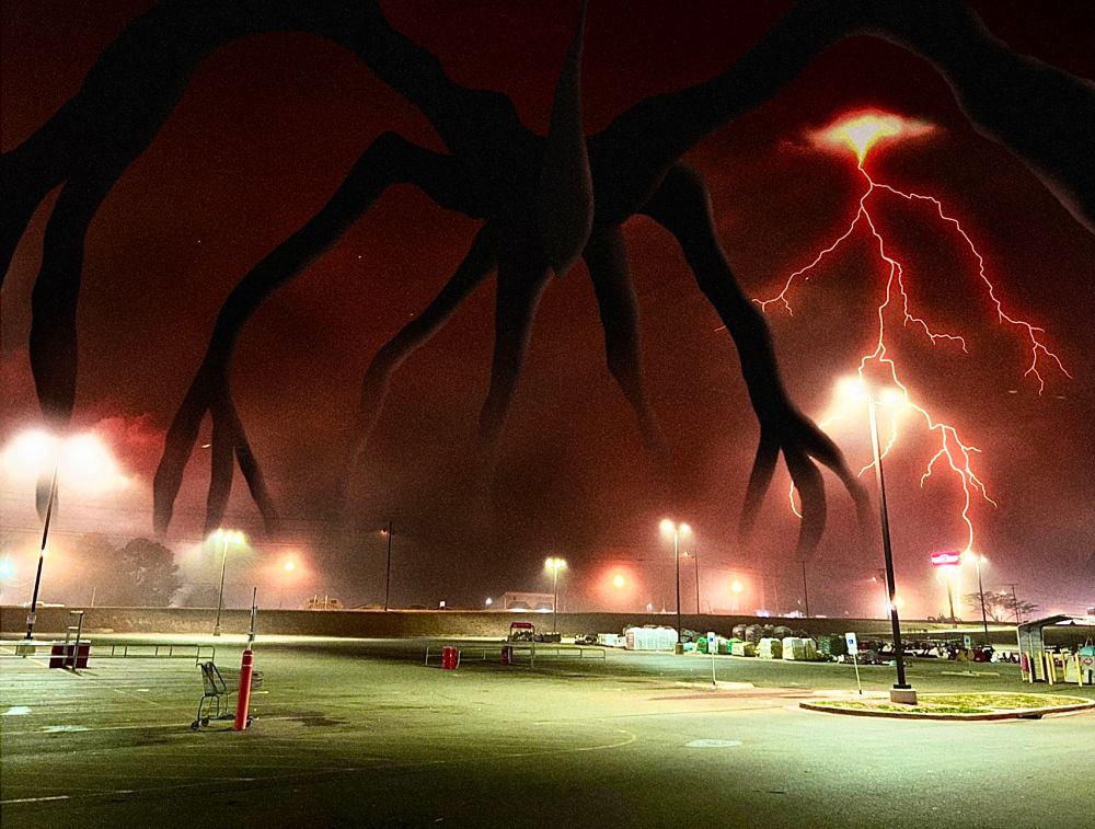 A picture of a retail store parking lot. In the sky, the Mind Flayer from Stranger Things looms above, surrounded in a scarlet lightning storm.