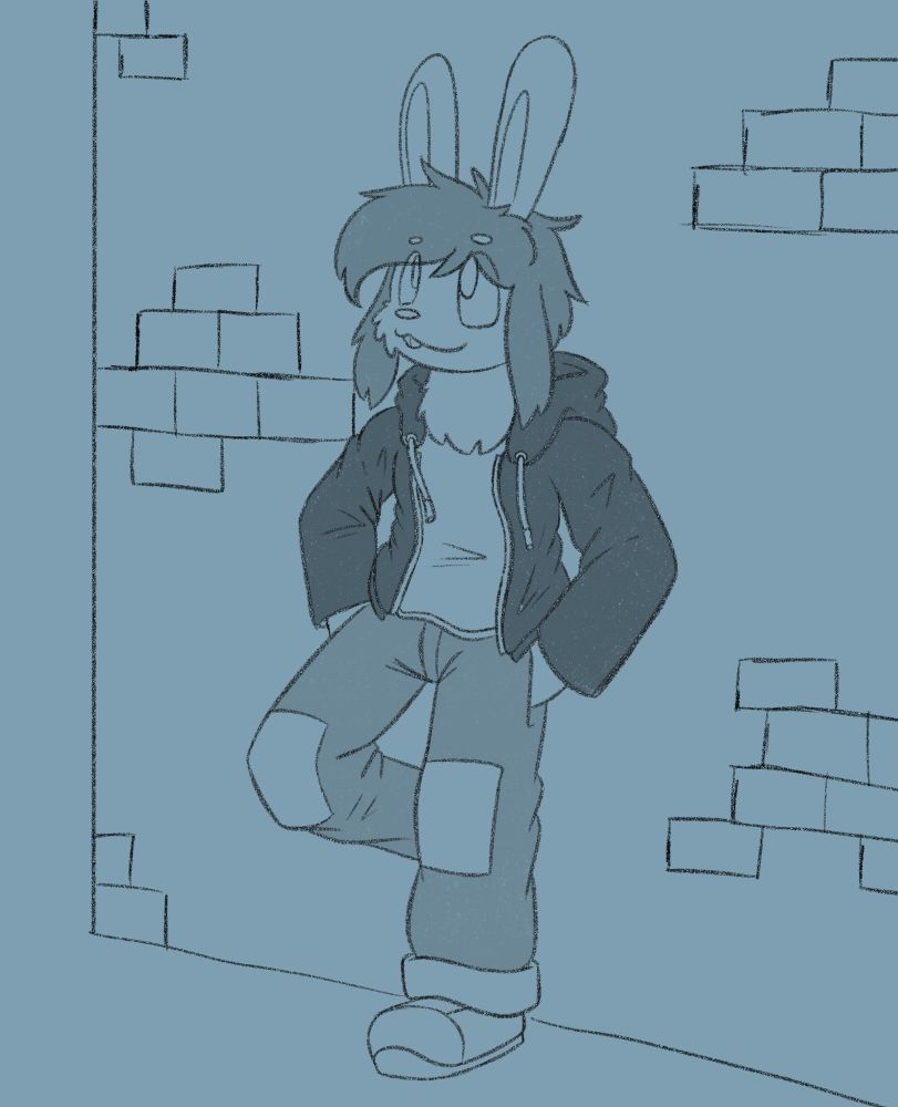 A monochrome sketch of Lucas the rabbit in a very casual outfit, leaning against a brick wall.