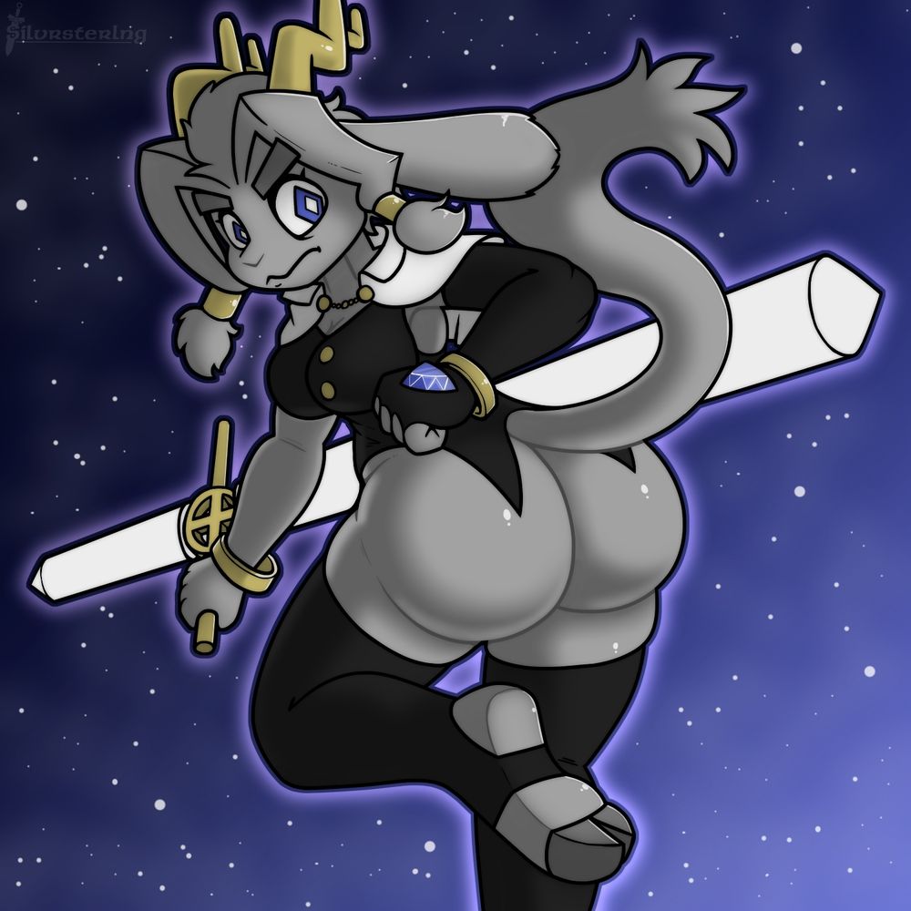 Sybil from the platformer-Metroidvania game Psuedoregalia, in a pose that draws a lot of attention to her larger-than-average butt.