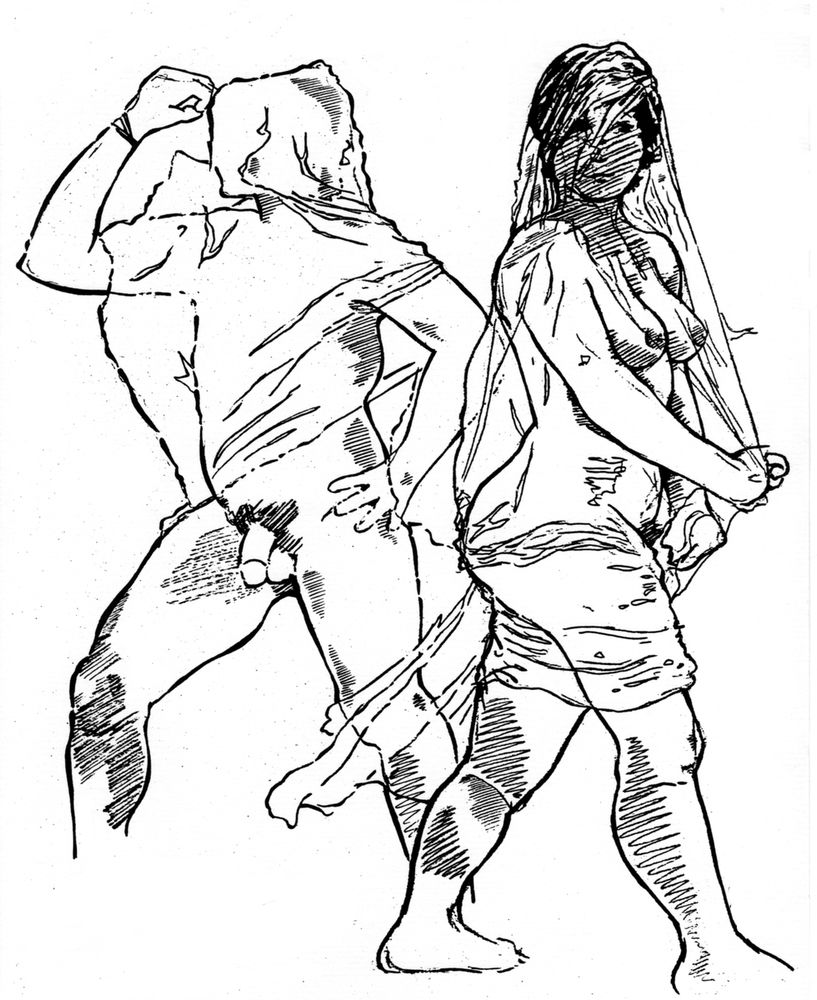 Figure drawing of a male and a female model, both standing, and both wearing clear plastic over their heads and bodies.