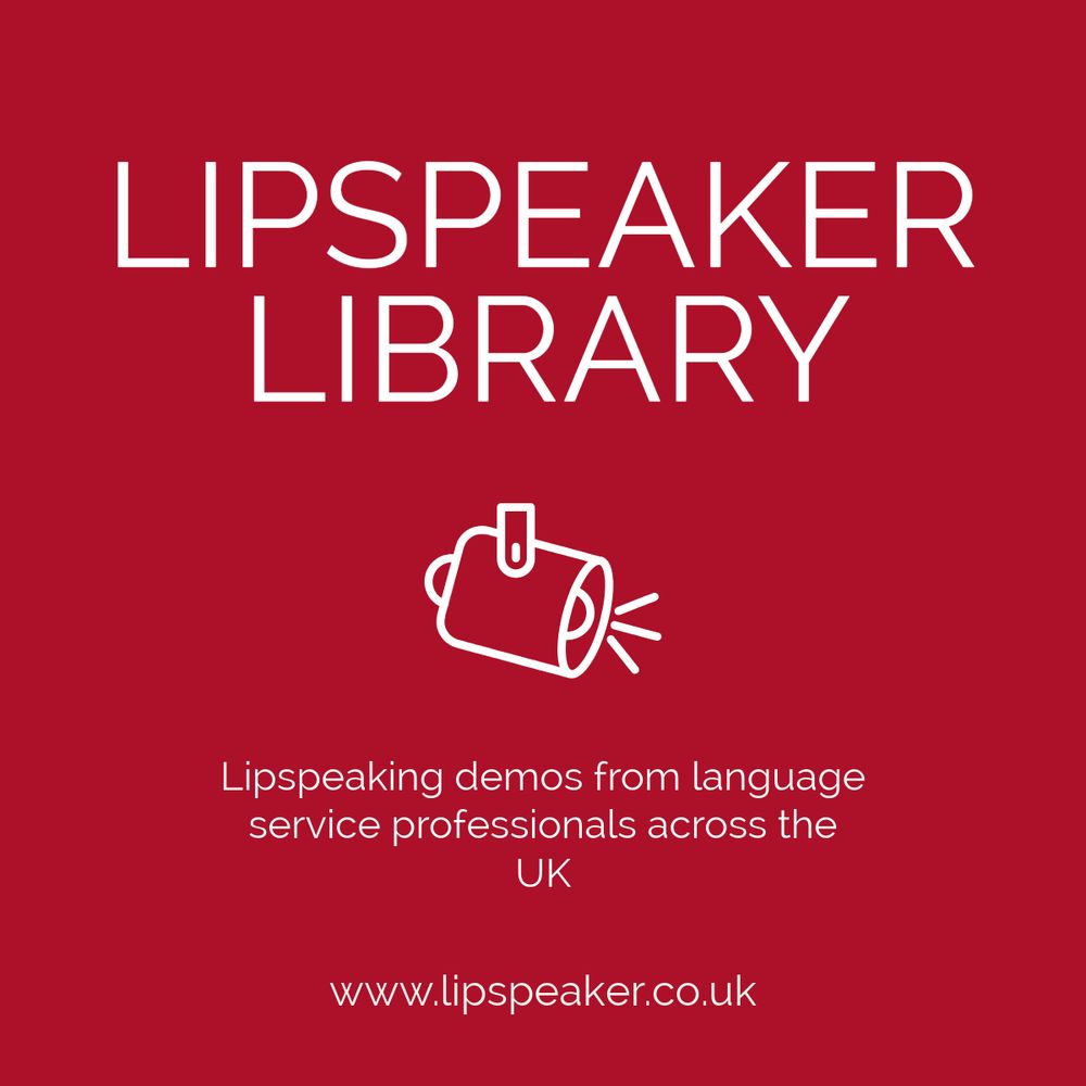 Text image. White text on a dark red background captioned ‘Lipspeaker Library’. There is a graphic icons of a spotlight in the centre. 
