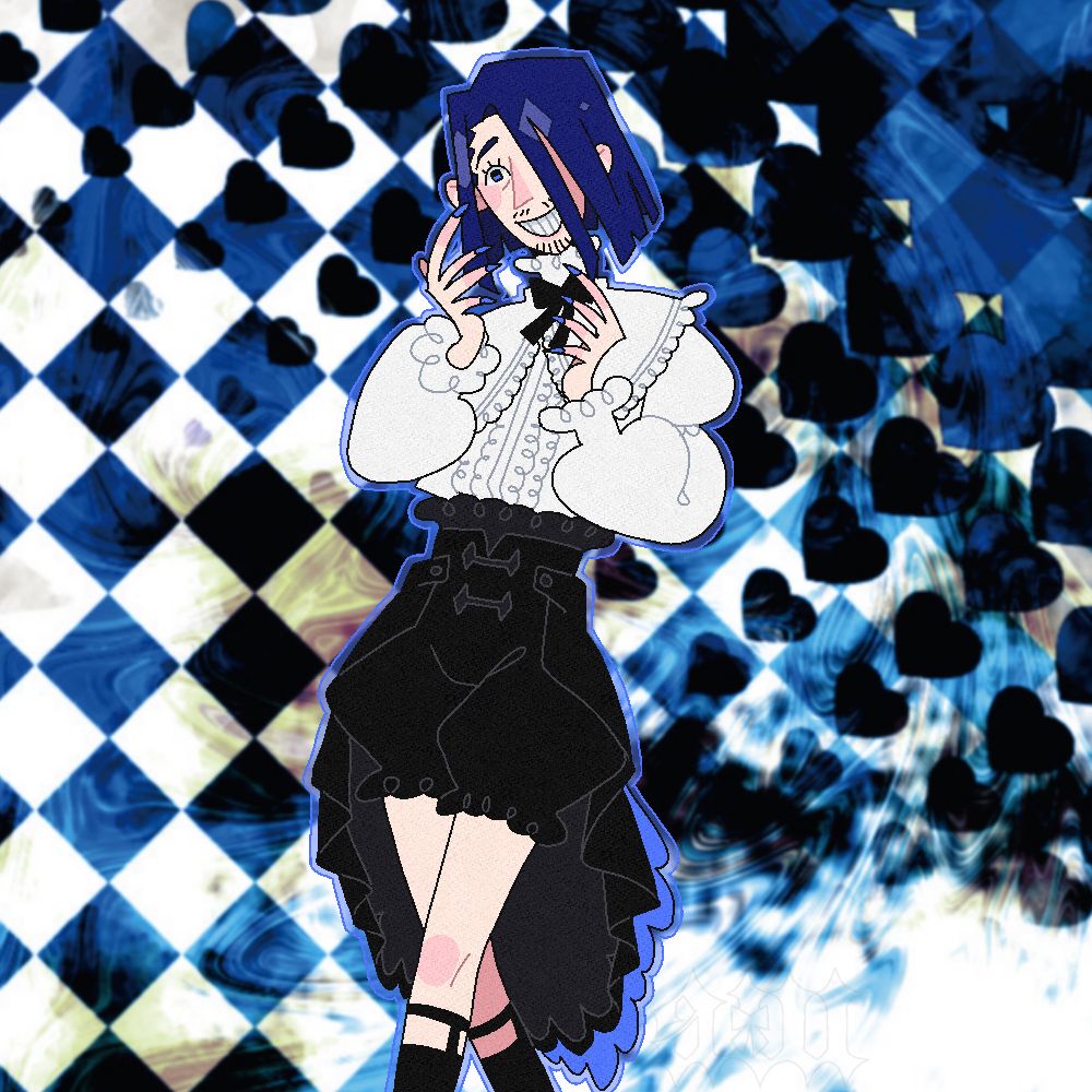 Fancifully dressed person with pale skin, sharp blue long nails, a lolita style white blouse with ruffles and lace, a black bow tie, black bloomer shorts with an attached cape, black socks with garters, and a blue bustle on the back. He has a wide, unsettling smile, a mustache and beard, straight dark blue hair that covers his left eye, and blue eyes with a large nose. He is holding his hands to his face, and is standing in front of a dark sapphire blue/black and offwhite checkerboard.