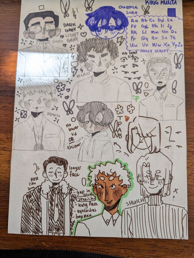 Doodles on a sheet of dotted paper. Art is mostly in black and white of stylized faces and characters from Housamo as well as OCs. Various doodles of stars and butterflies litter the page as well as notes and an alphabet