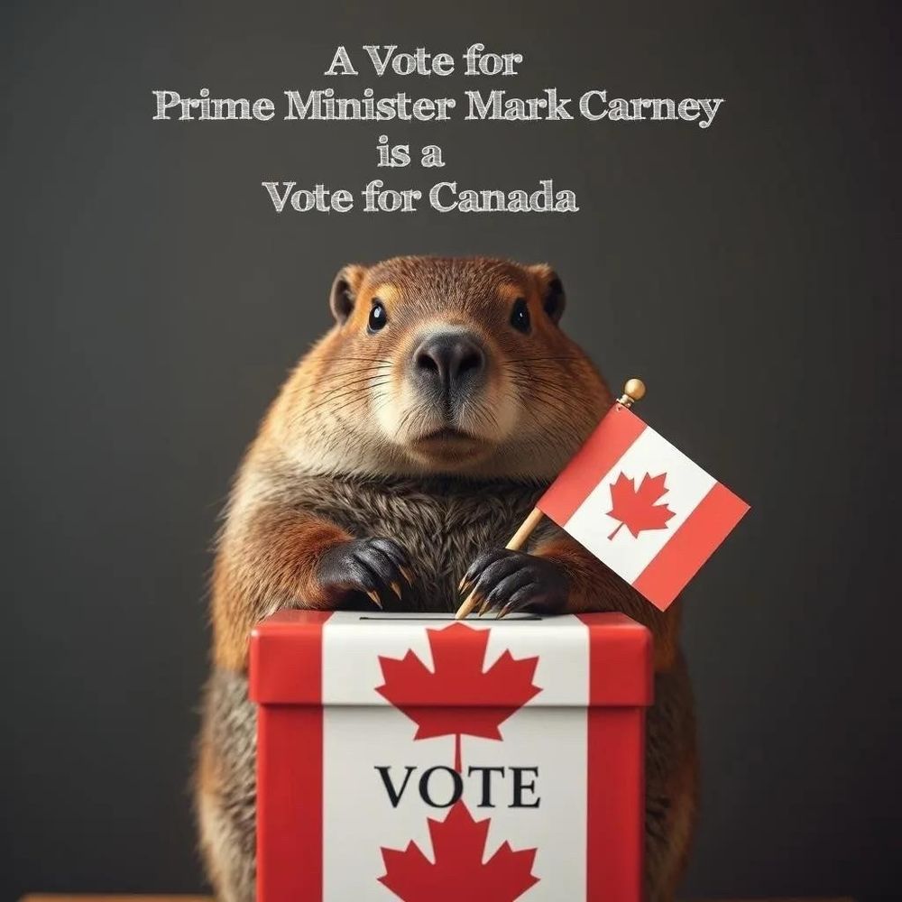 A cute little Canadian beaver, the animal kind, is holding a tiny Canadian flag and is standing behind a little voting box with the Maple Leaf and VOTE on the front. The message above reads "A vote for Prime Minister Mark Carney is a vote for Canada."
