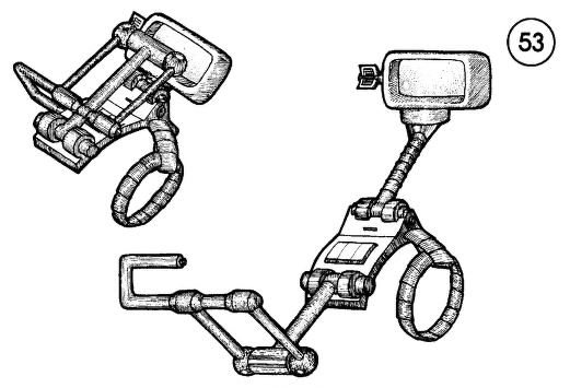 Player handout of treasure from the Advanced Dungeons & Dragons Module S3 “Expedition to the Barrier Peaks” by Gary Gygax (TSR, 1980; Artist uncredited)

Ink drawings of a piece of technology, one of it folded up, the other of it extended out. The most distinct element of the contraption appears to be a small TV screen on a pole at one end.

The Dungeon Master’s secret info on the item indicates the screen is actually the muzzle of a powerful high-tech weapon, which can destroy anything short of hull armor once activated.