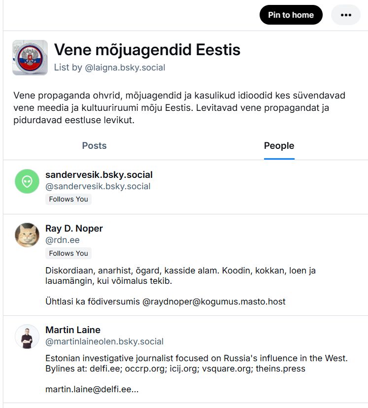 Vene mõjuagendid Eestis bluesky list by laigna.bsky.social, kus on kolm kasutajat @sandervesik.bsky.social @rdn.ee @martinlaineolen.bsky.social 