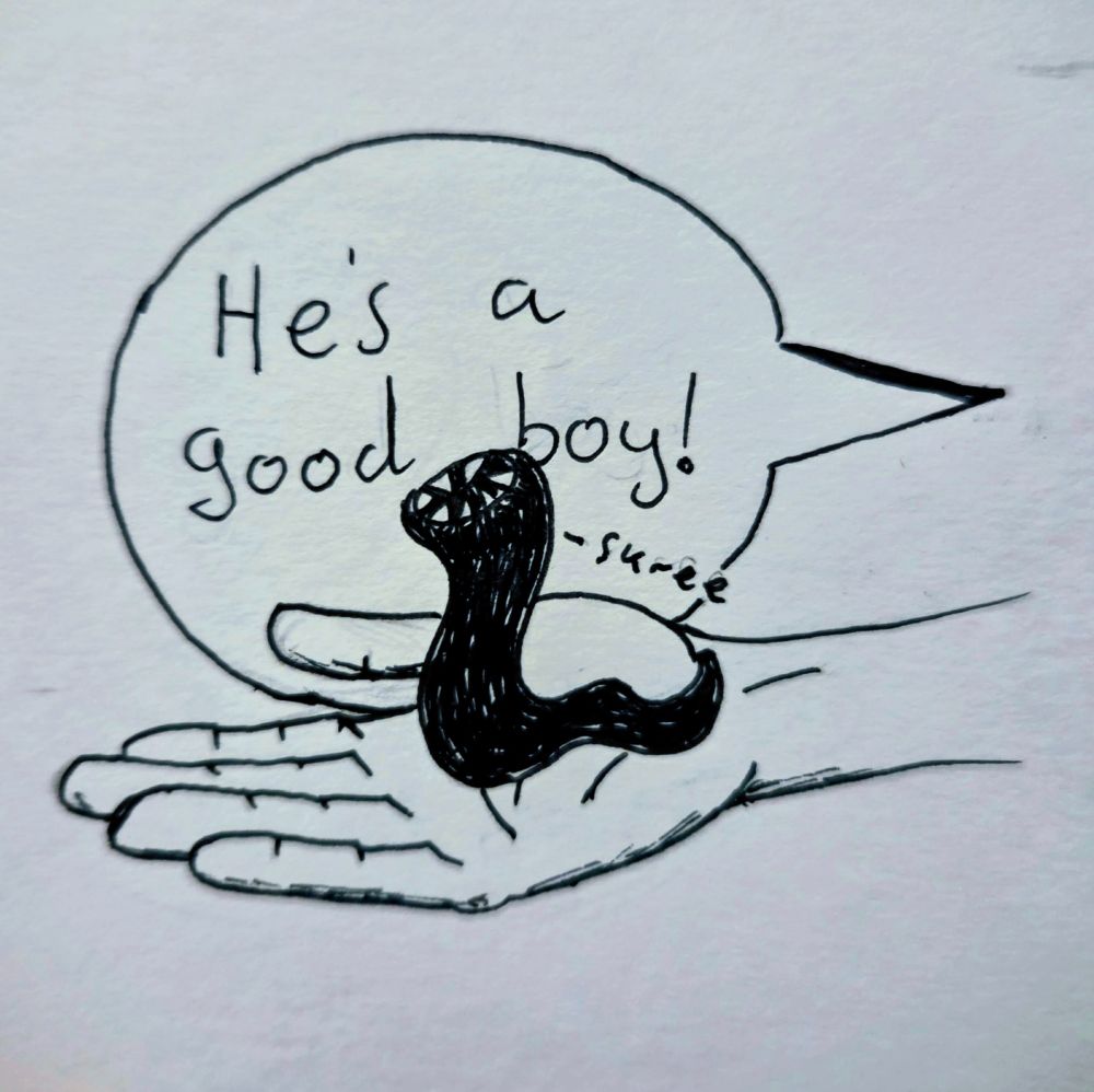 A cartoon illustration of a hand holding out Colin, a creature that looks like a cross between a leech and a lamprey. A speech bubble originating from the owner of the hand says "he's a good boy!", a small speech indicator leads to a small "skree" coming from Colin