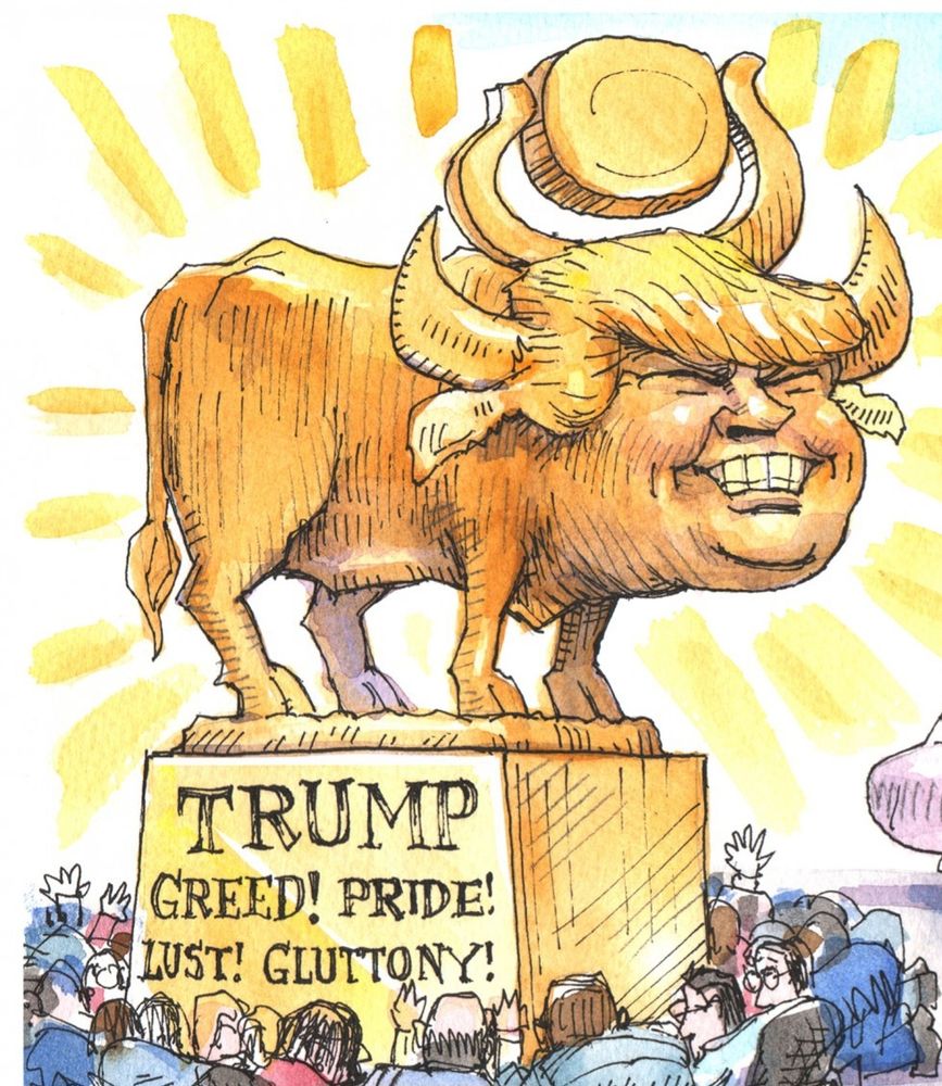 Cartoon of Trump as a statue of the fatted golden cow. The base says 