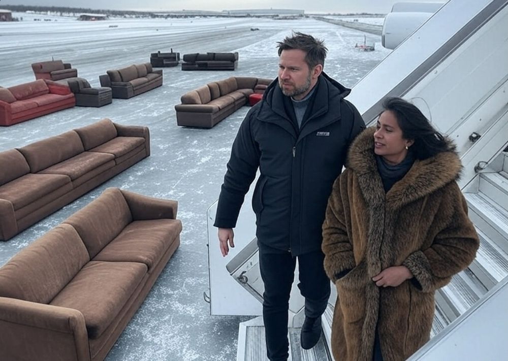 JD and Usha Vance disembarking an airplane in Greenland. They are standing on the bottom of the stairs with multiple couches as the audience. Usha is wearing a fur coat. 