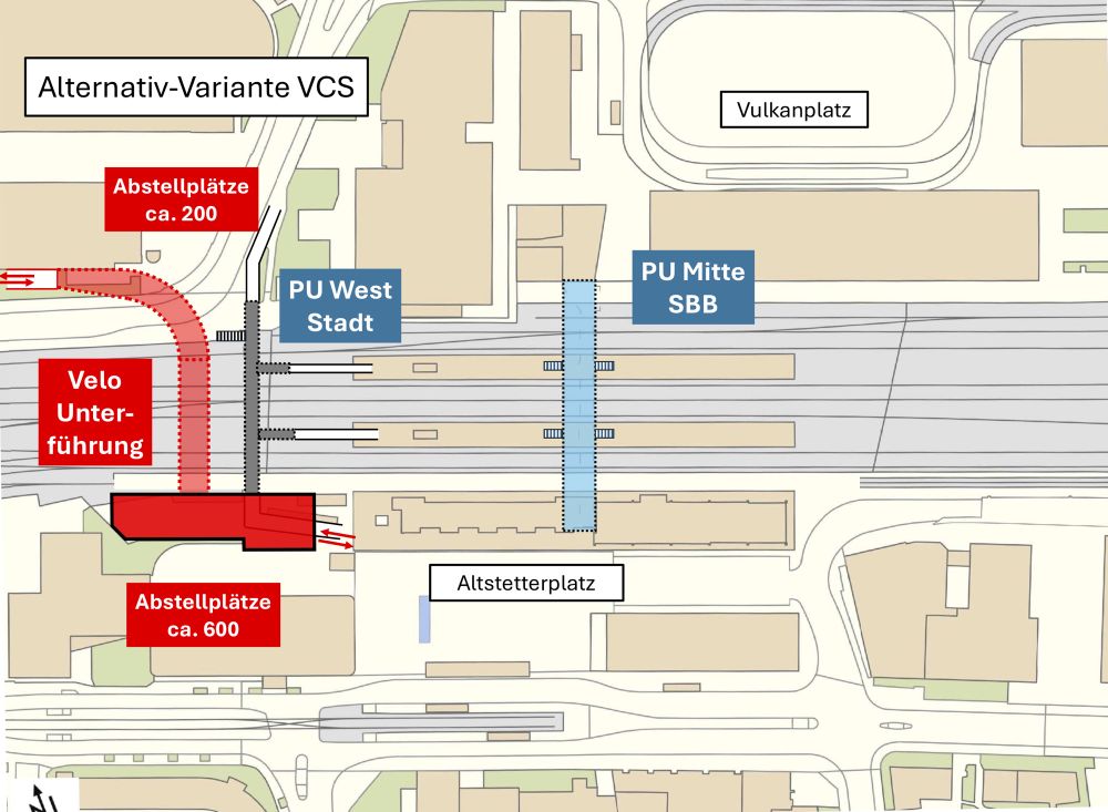 Projektskizze des VCS Zürich: Wir schlagen eine neue Velounterführung, getrennt von den Fussgänger:innen, vor, mit Anschluss an die Vulkanstrasse.