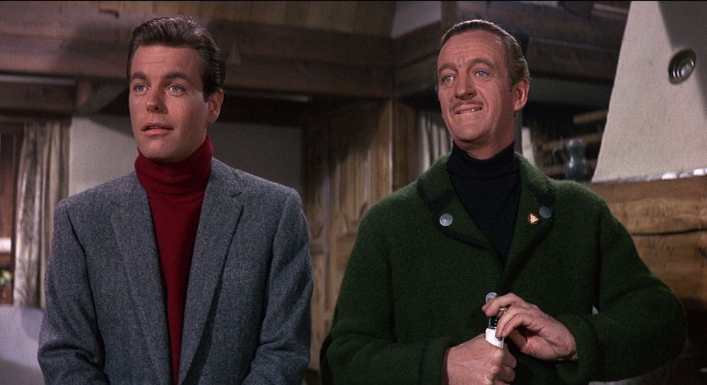 David Niven and Robert Wagner playing the roles of Sir Charles Lytton and his nephew, George Lytton, in the film The Pink Panther (1963).