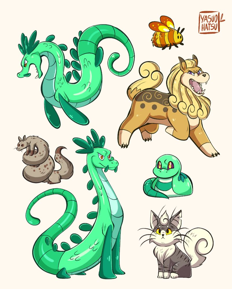 From top to bottom: a fire bee, Hatsu the river dragon in flight, Aaka the lion dog, a python mink, Hatsu on the ground, Makura the round snake, and Kuma the kitty cat.