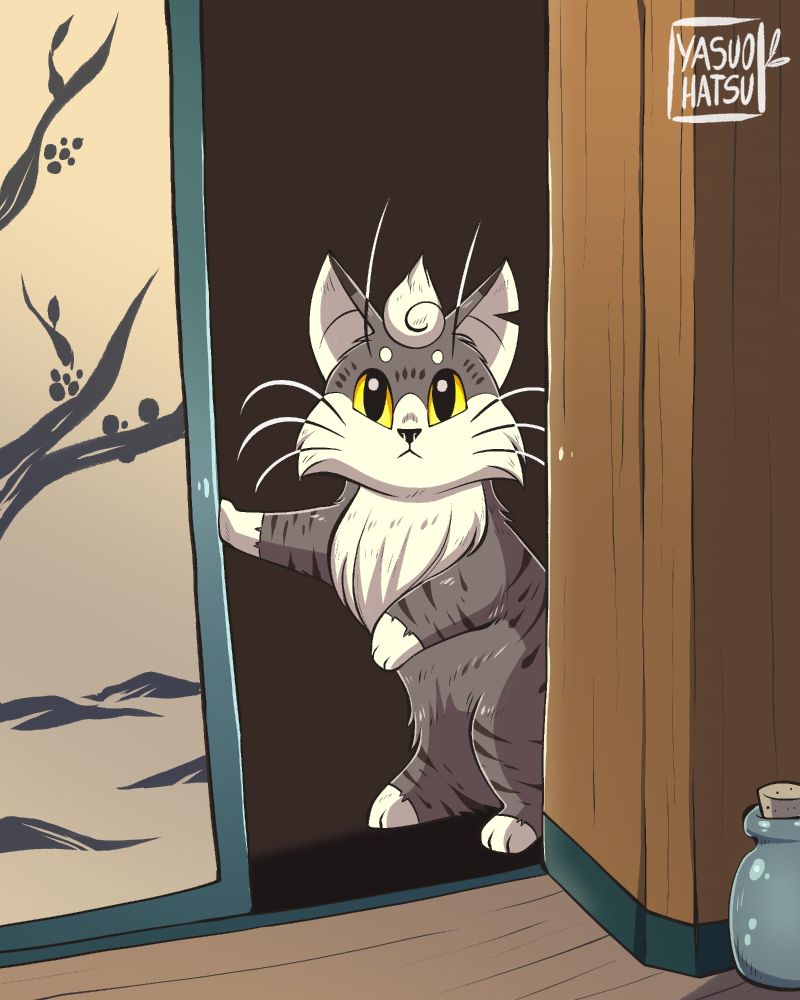 A cat pushing open a sliding door, looking at the viewer.
