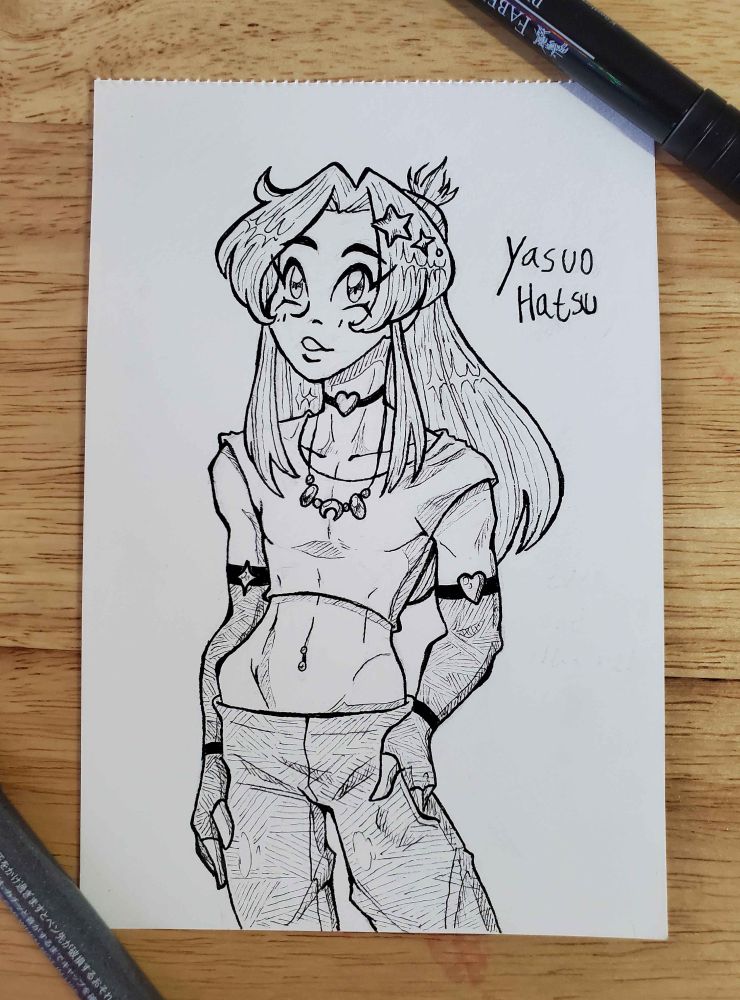 Yasuo in glam rock style attire, consisting of a crop top, black tight pants, leather gloves, star accessories in his airs, and cute necklaces.  