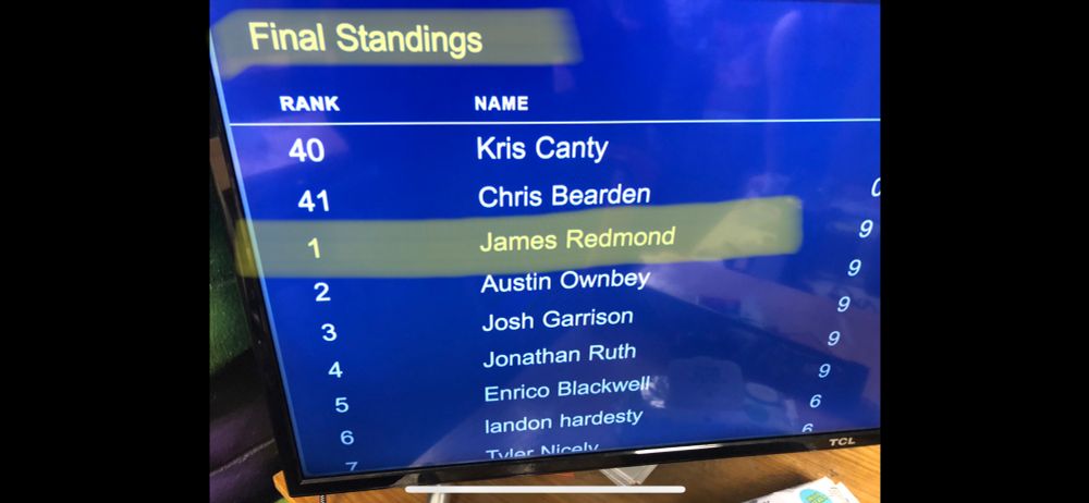 My name, James Redmond, highlighted as first place in the final standings of a magic the gathering prerelease. 