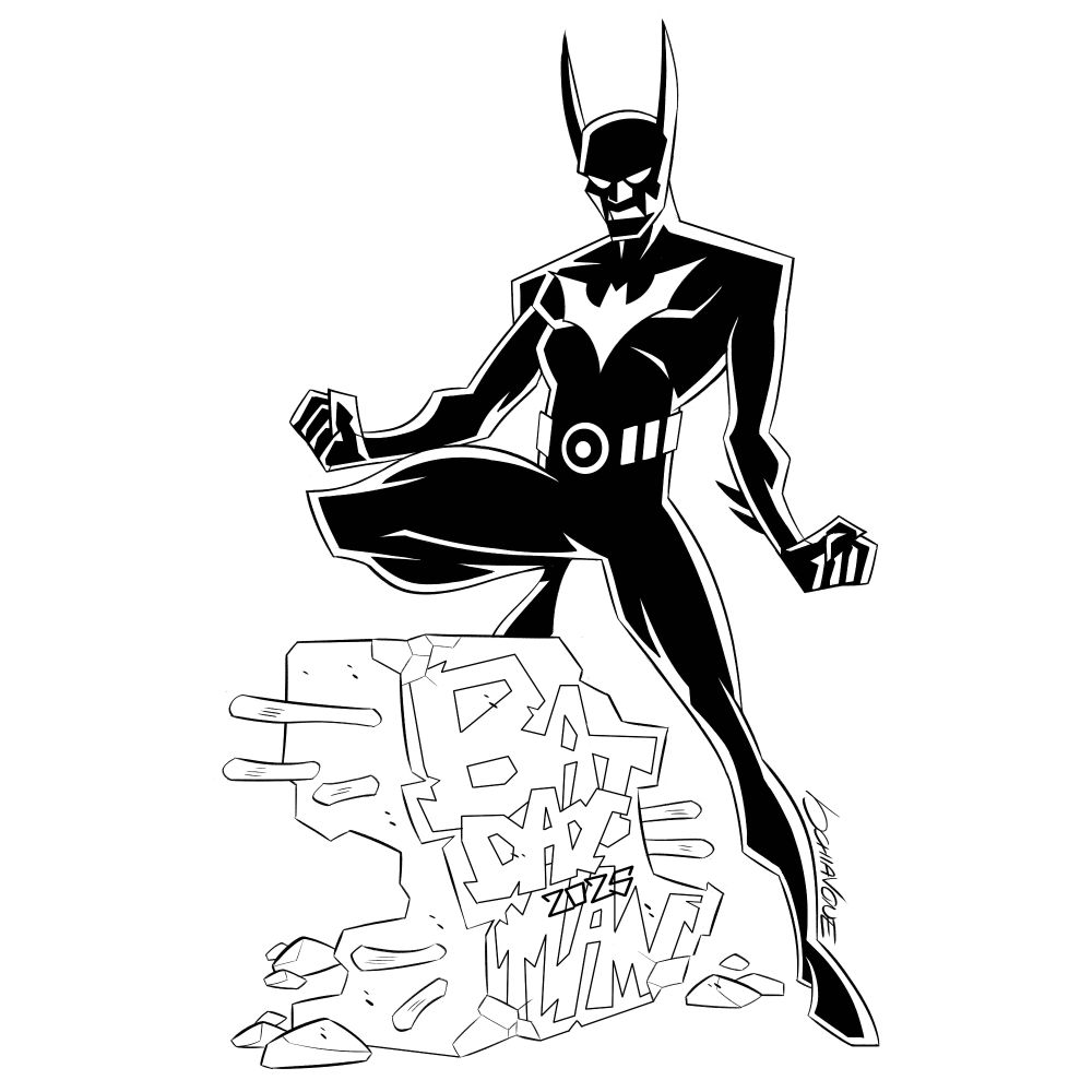 Batman Beyond's Terry McGinnis stepping over a broken concrete slab, grimacing but in b/w.