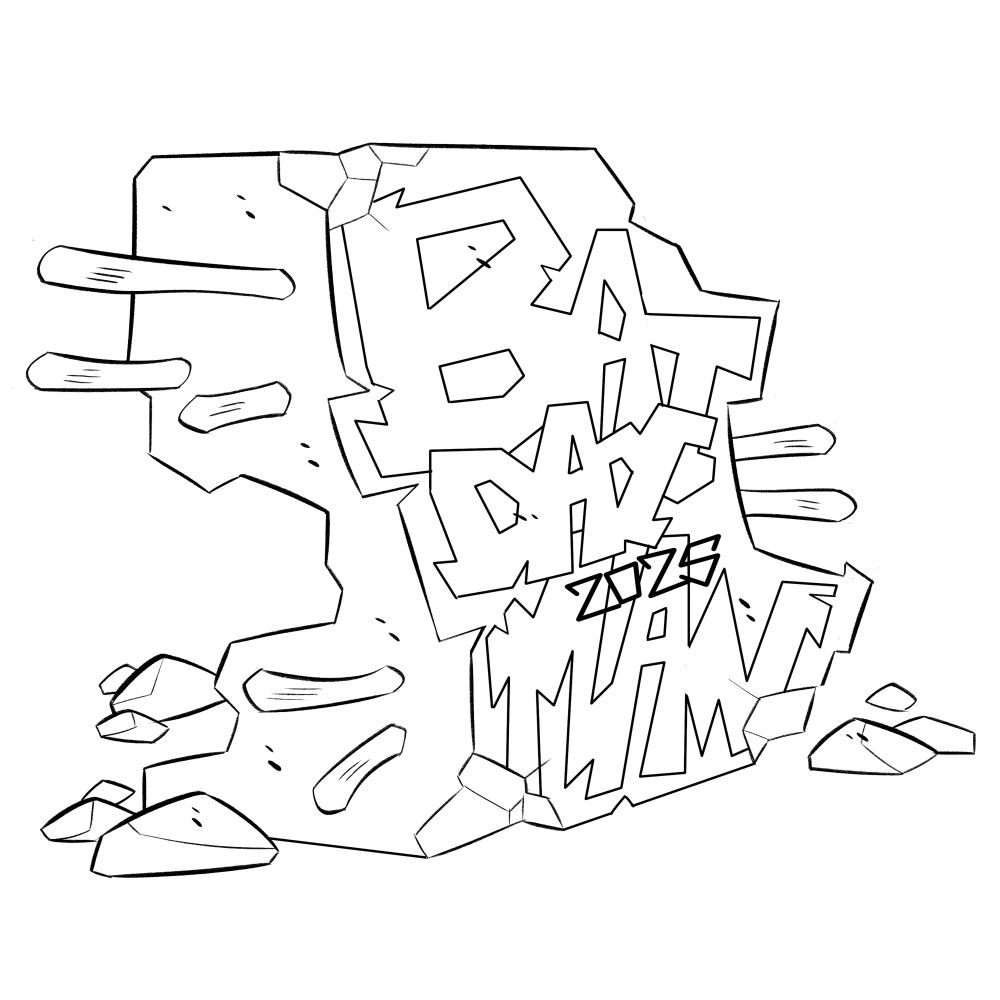 Close-up if said broken concrete slab, with graffiti sprayed upon it which recite "Batman Day 2025".