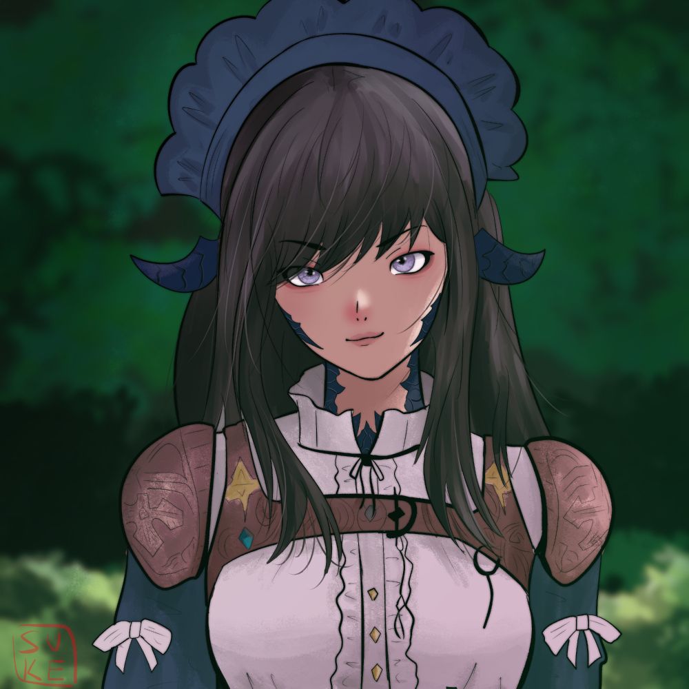 Cute Au Ra girl from Final Fantasy XIV, black hair and clothes white and blue