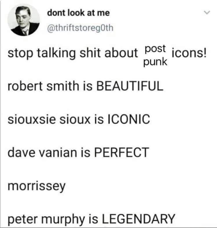 A modified Tumblr post from 
dont look at me @thriftstoregOth
Text reads

stop talking shit about post punk icons!
robert smith is BEAUTIFUL
siouxsie sioux is ICONIC
dave vanian is PERFECT
morrissey…
peter murphy is LEGENDARY