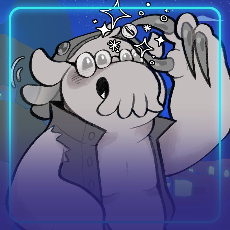 A graphic featuring a toony B&W alien character sketch. He has a Cephalopod-like mouth, long claws, four eyes, and a stocky build. He dons a jacket and is looking excitedly up at a badge. The drawing is set against a blue-toned desert city.

#ProjectXero #ClosedSpecies